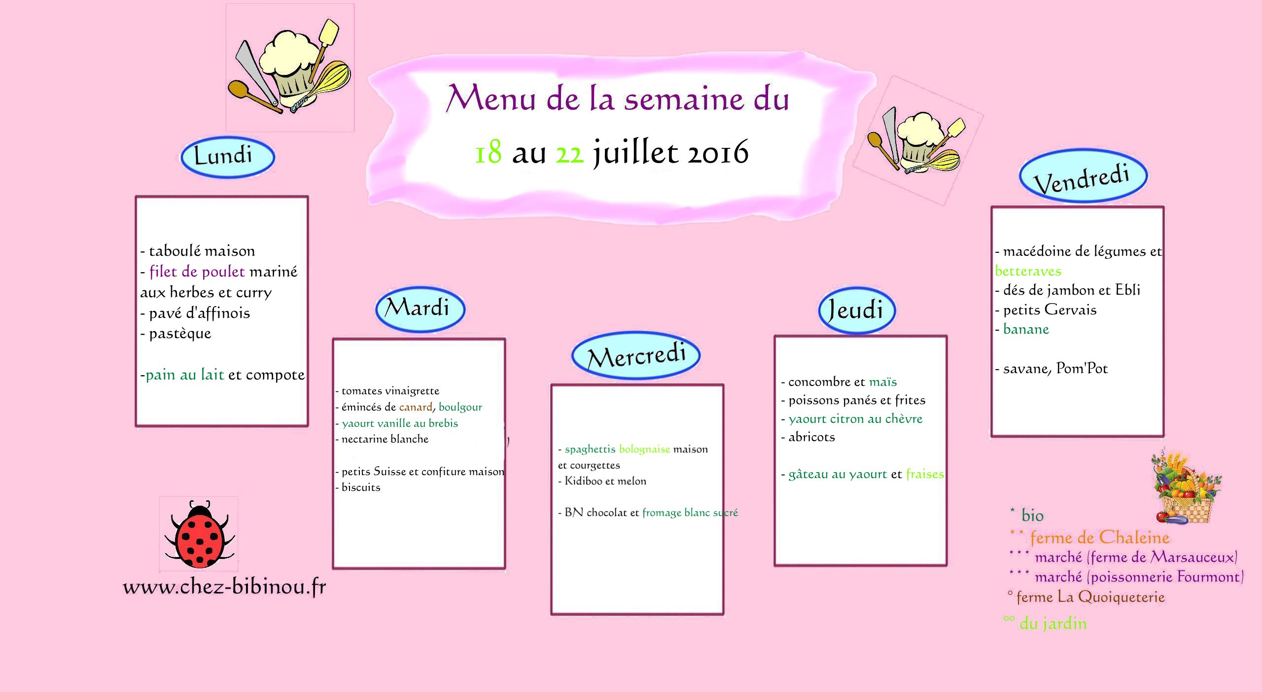 Menus du 18 au 22 Juillet