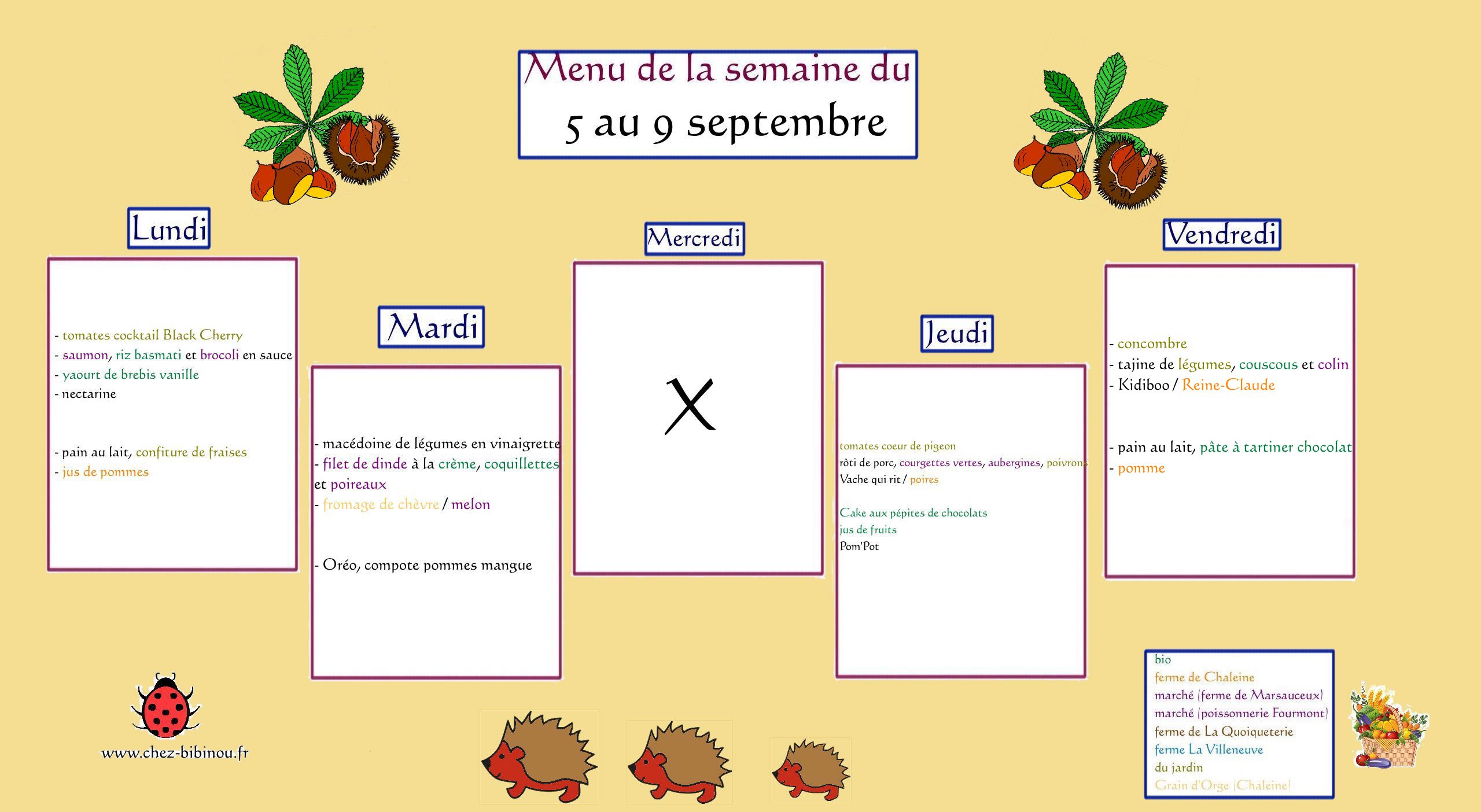 Menus du 5 au 9 septembre