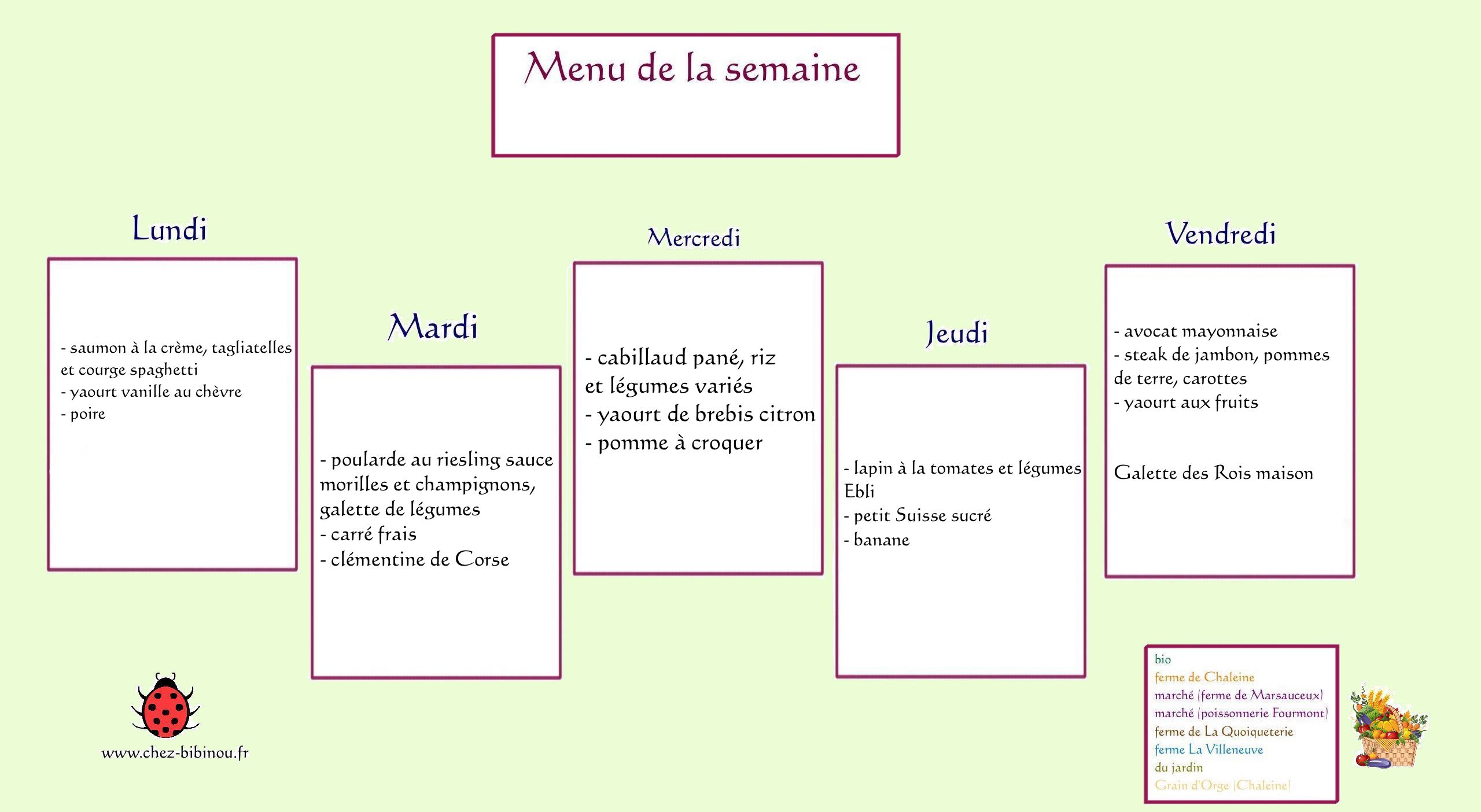 Menu de la semaine du 2 au 6 janvier